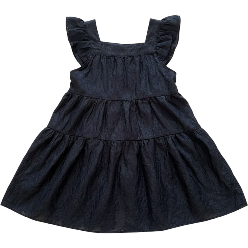 Entro Tiered Mini Dress Black Floral Jacquard Ruffle Sleeve Babydoll M D18397